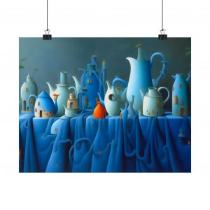 Blue Teapots Art Print, Satin Poster for Home Decor, Modern Wall Art, Unique Gift for Tea Lovers, Cozy Living Room Decor