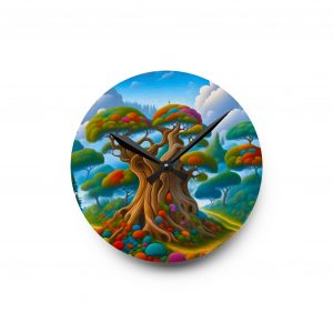 Home whimsical fantasy tree acrylic wall clock — colorful enchanted forest decor