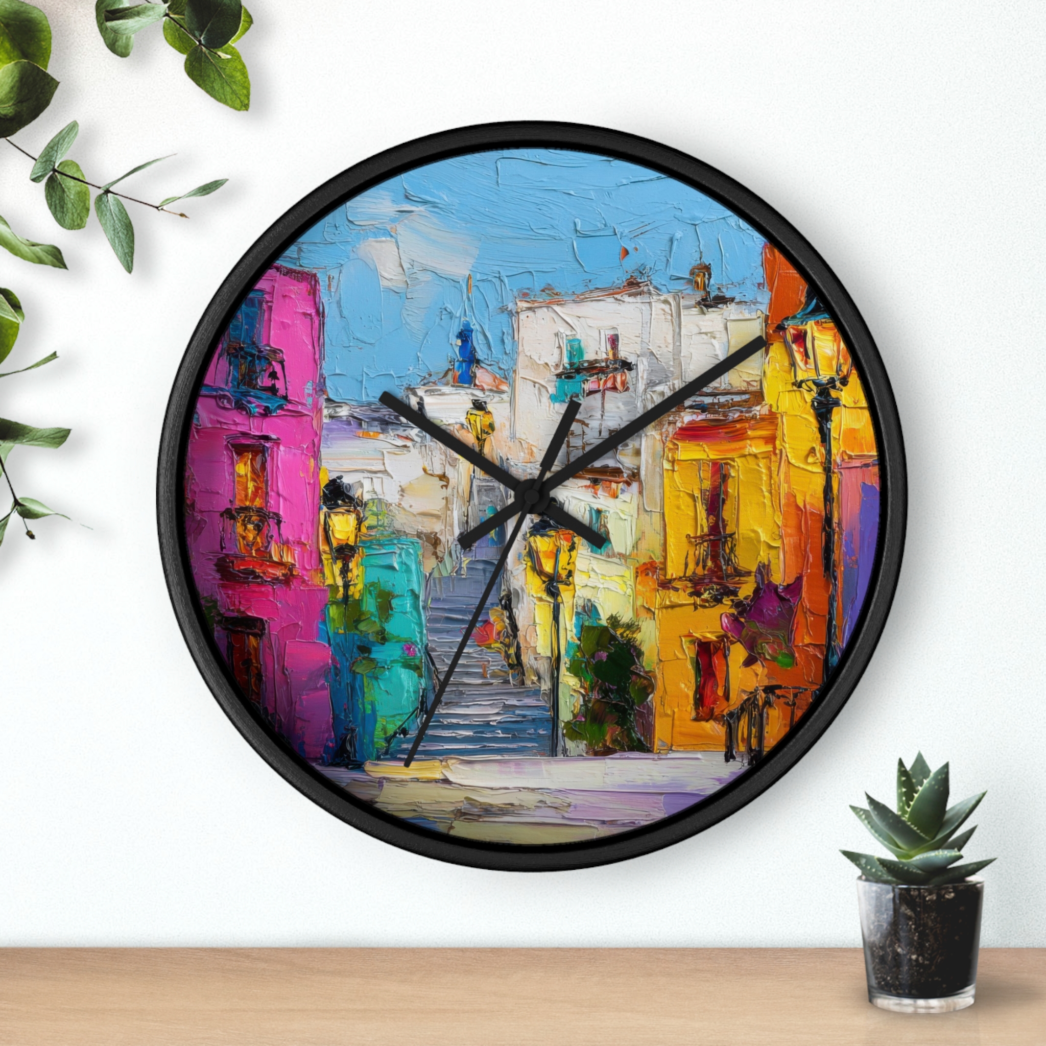 colorful mediterranean street wall clock — vibrant village painting timepiece colorful mediterranean street wall clock — vibrant village painting timepiece