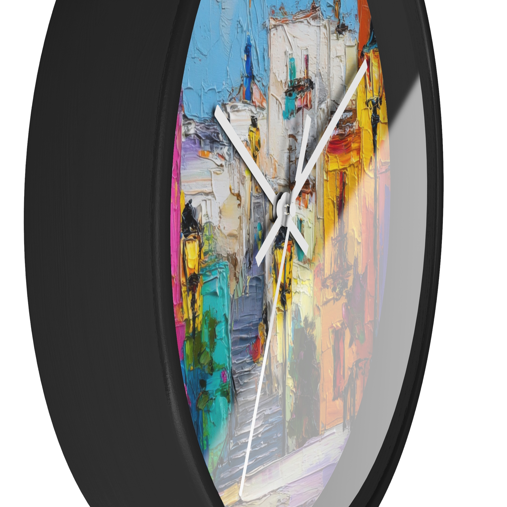 colorful mediterranean street wall clock — vibrant village painting timepiece colorful mediterranean street wall clock — vibrant village painting timepiece