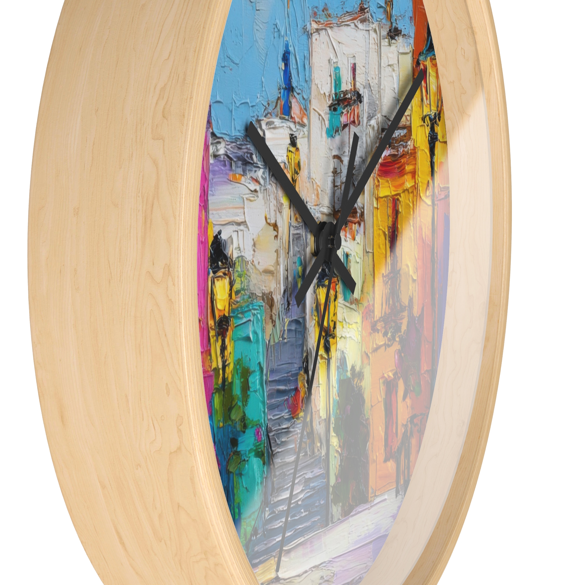 colorful mediterranean street wall clock — vibrant village painting timepiece colorful mediterranean street wall clock — vibrant village painting timepiece