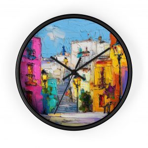Home colorful mediterranean street wall clock — vibrant village painting timepiece