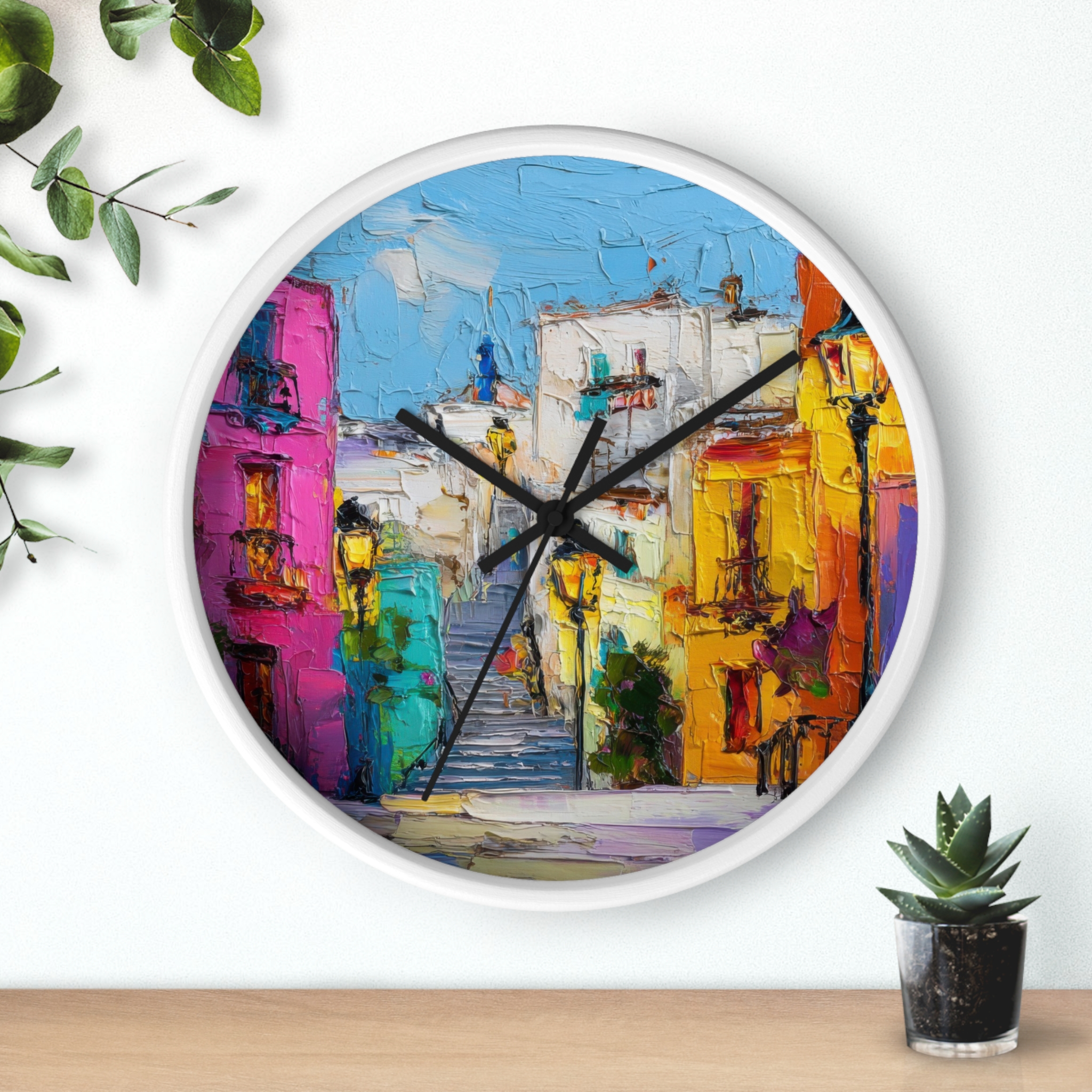 colorful mediterranean street wall clock — vibrant village painting timepiece colorful mediterranean street wall clock — vibrant village painting timepiece
