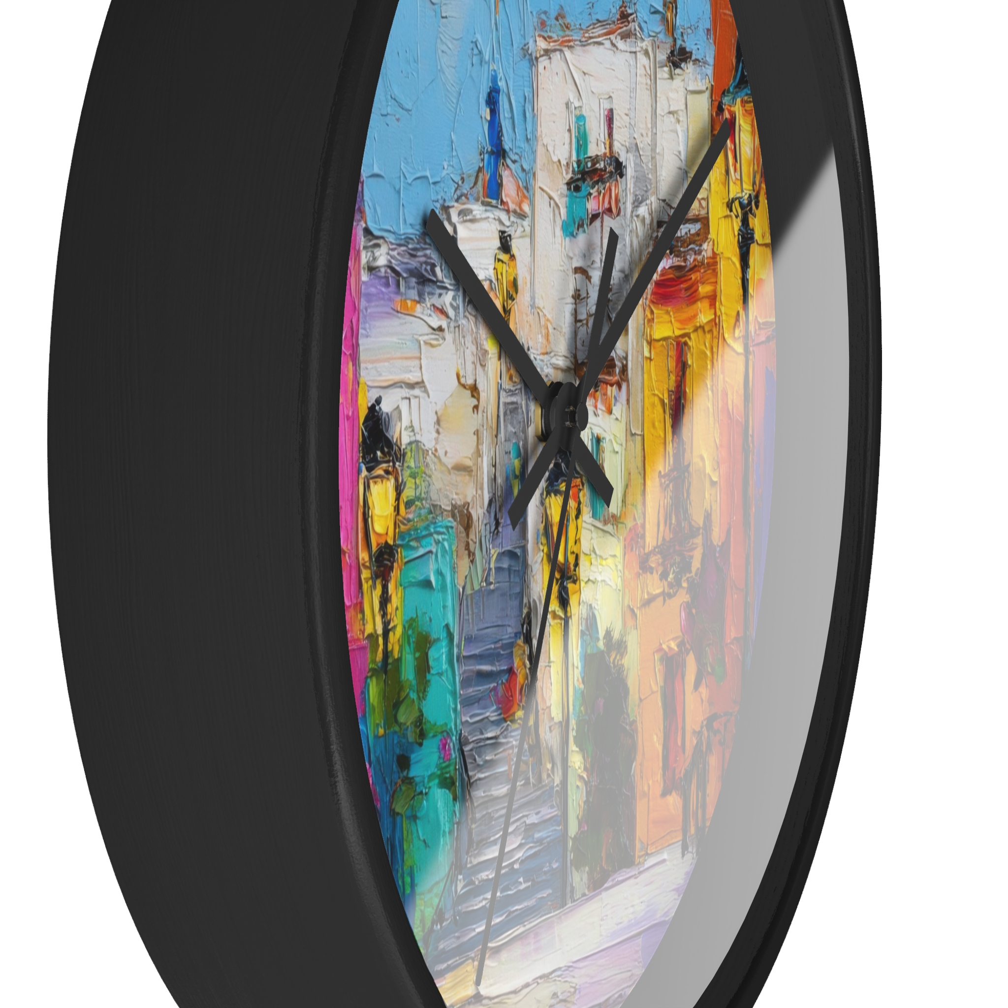 colorful mediterranean street wall clock — vibrant village painting timepiece colorful mediterranean street wall clock — vibrant village painting timepiece