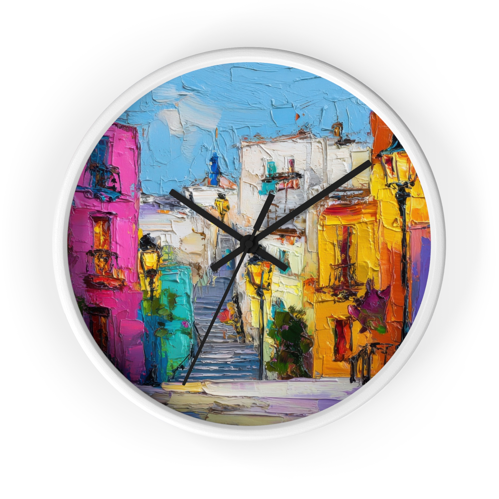 colorful mediterranean street wall clock — vibrant village painting timepiece colorful mediterranean street wall clock — vibrant village painting timepiece
