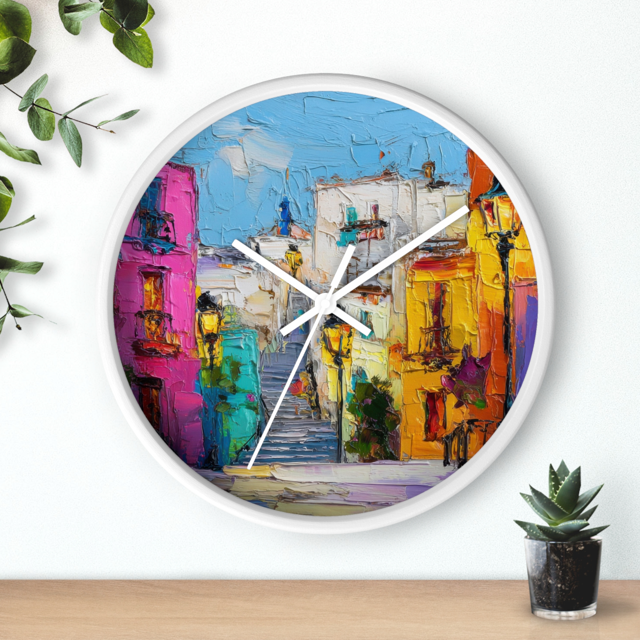 colorful mediterranean street wall clock — vibrant village painting timepiece colorful mediterranean street wall clock — vibrant village painting timepiece