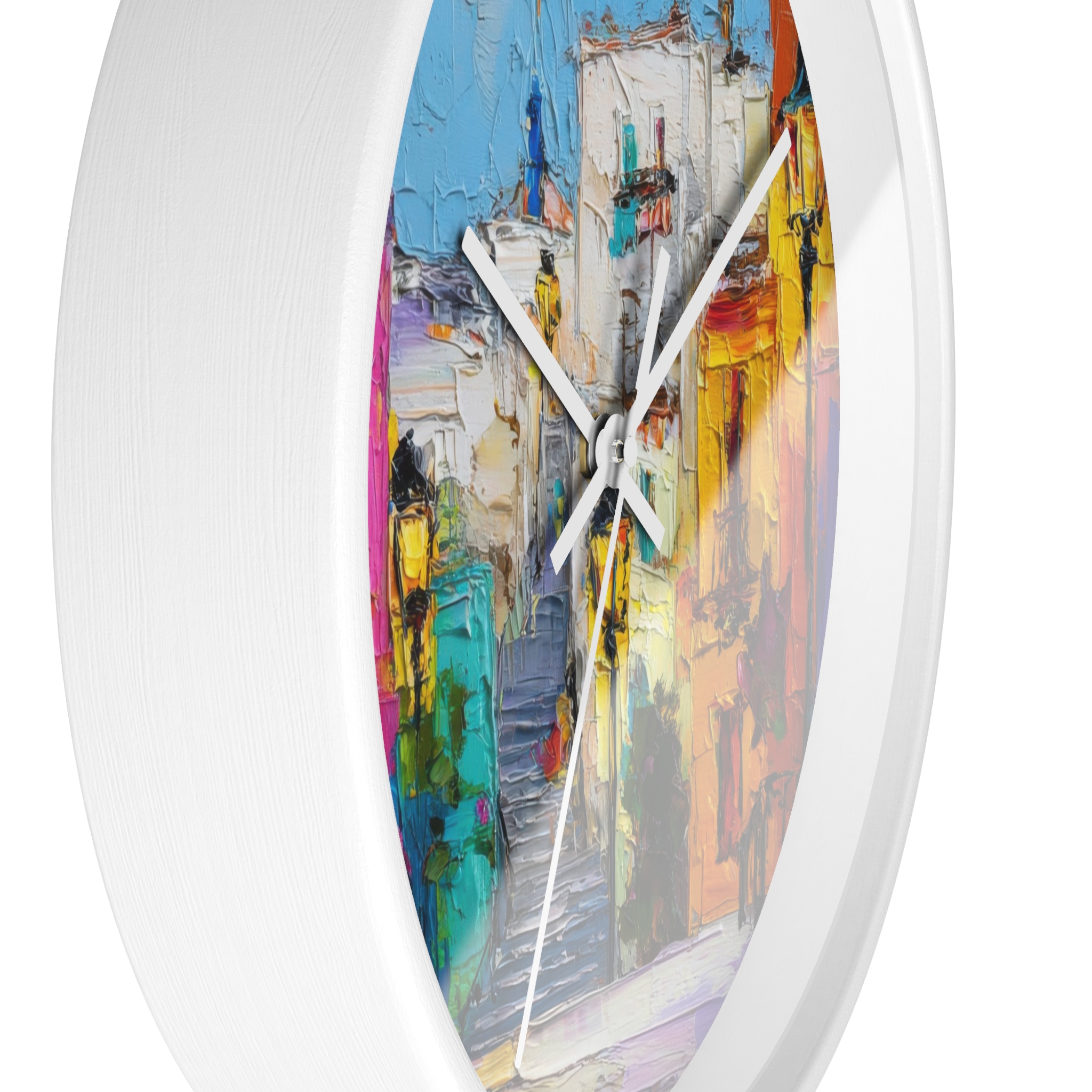 colorful mediterranean street wall clock — vibrant village painting timepiece colorful mediterranean street wall clock — vibrant village painting timepiece