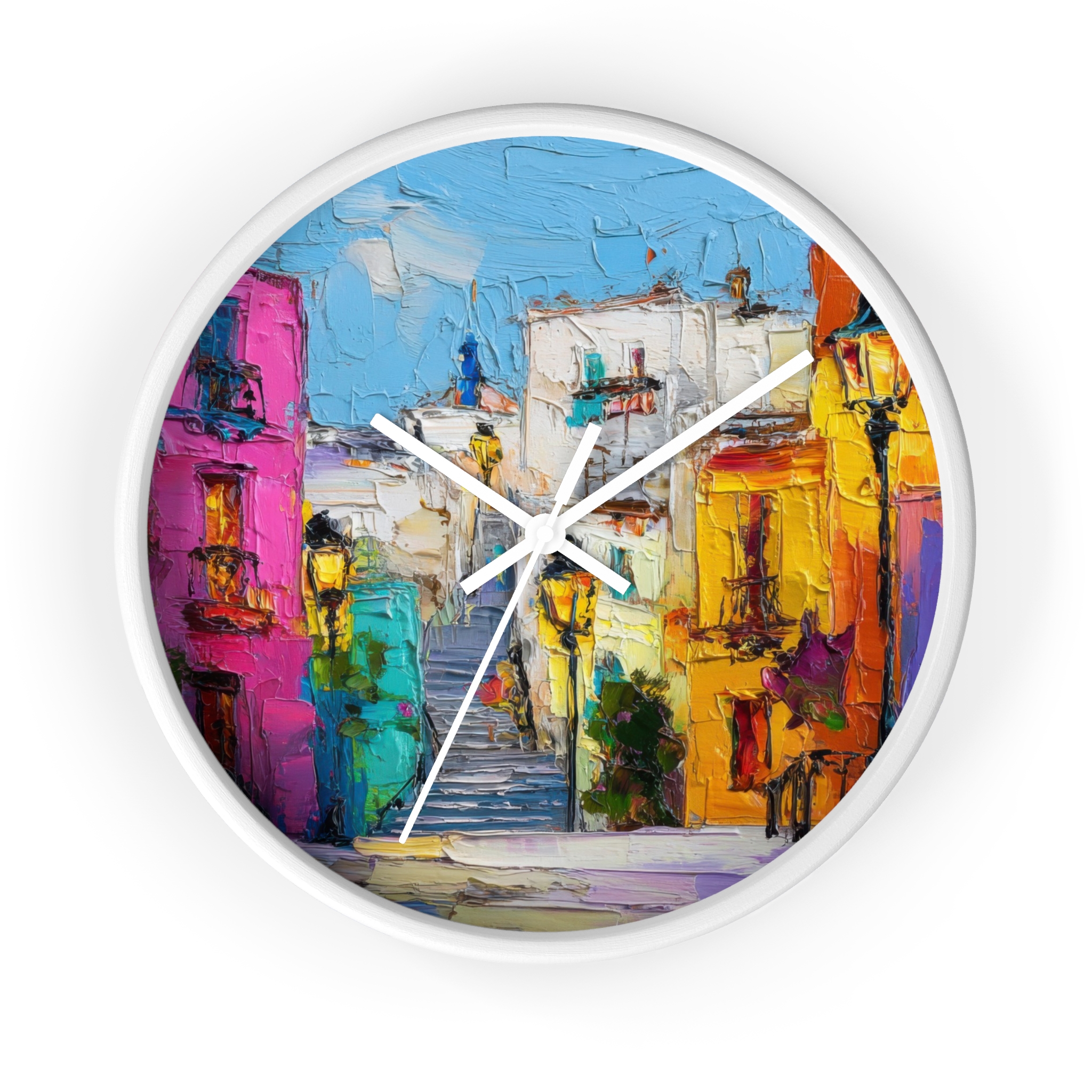 colorful mediterranean street wall clock — vibrant village painting timepiece colorful mediterranean street wall clock — vibrant village painting timepiece