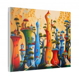 Home whimsical colorful village canvas — surreal fantasy stretched wall art