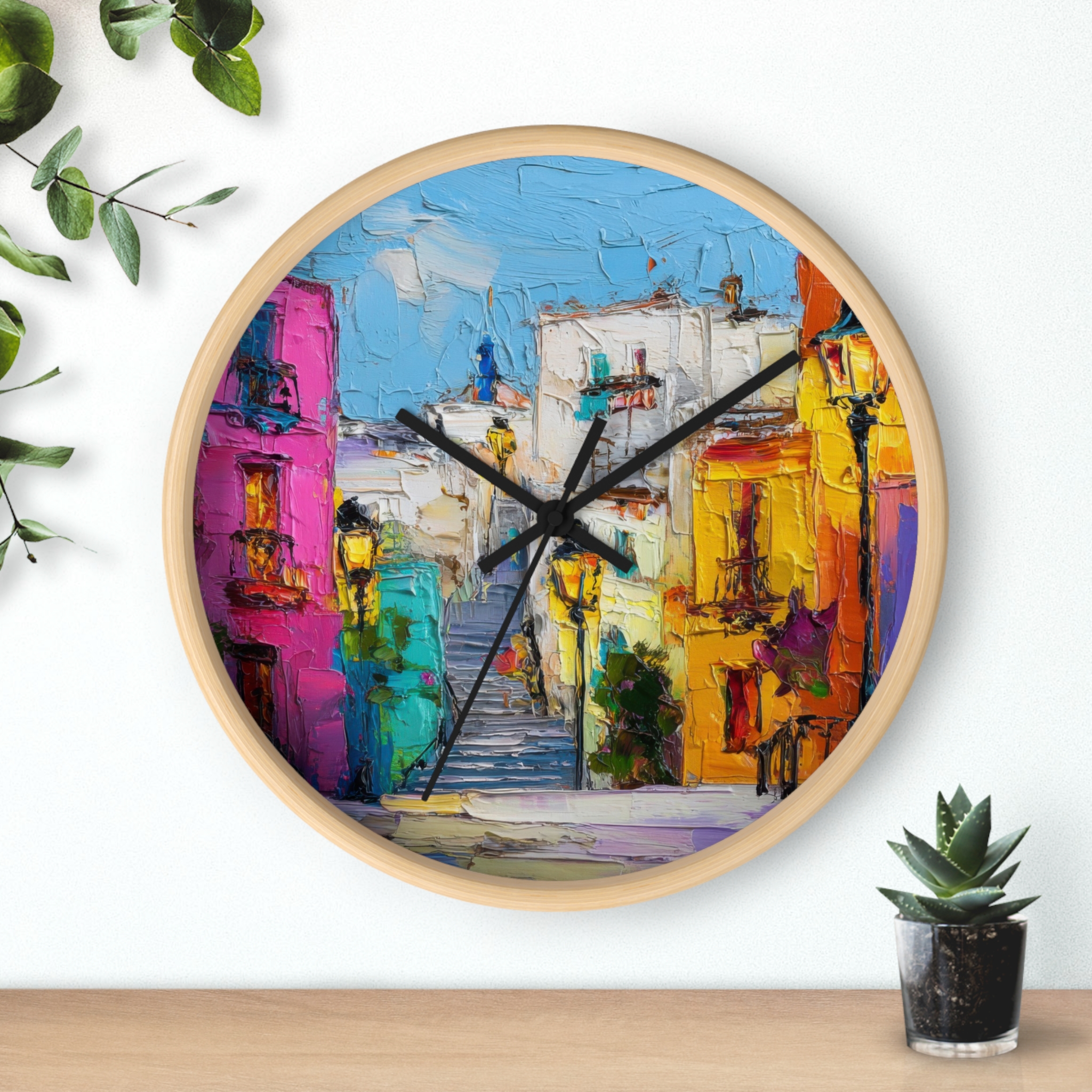 colorful mediterranean street wall clock — vibrant village painting timepiece colorful mediterranean street wall clock — vibrant village painting timepiece