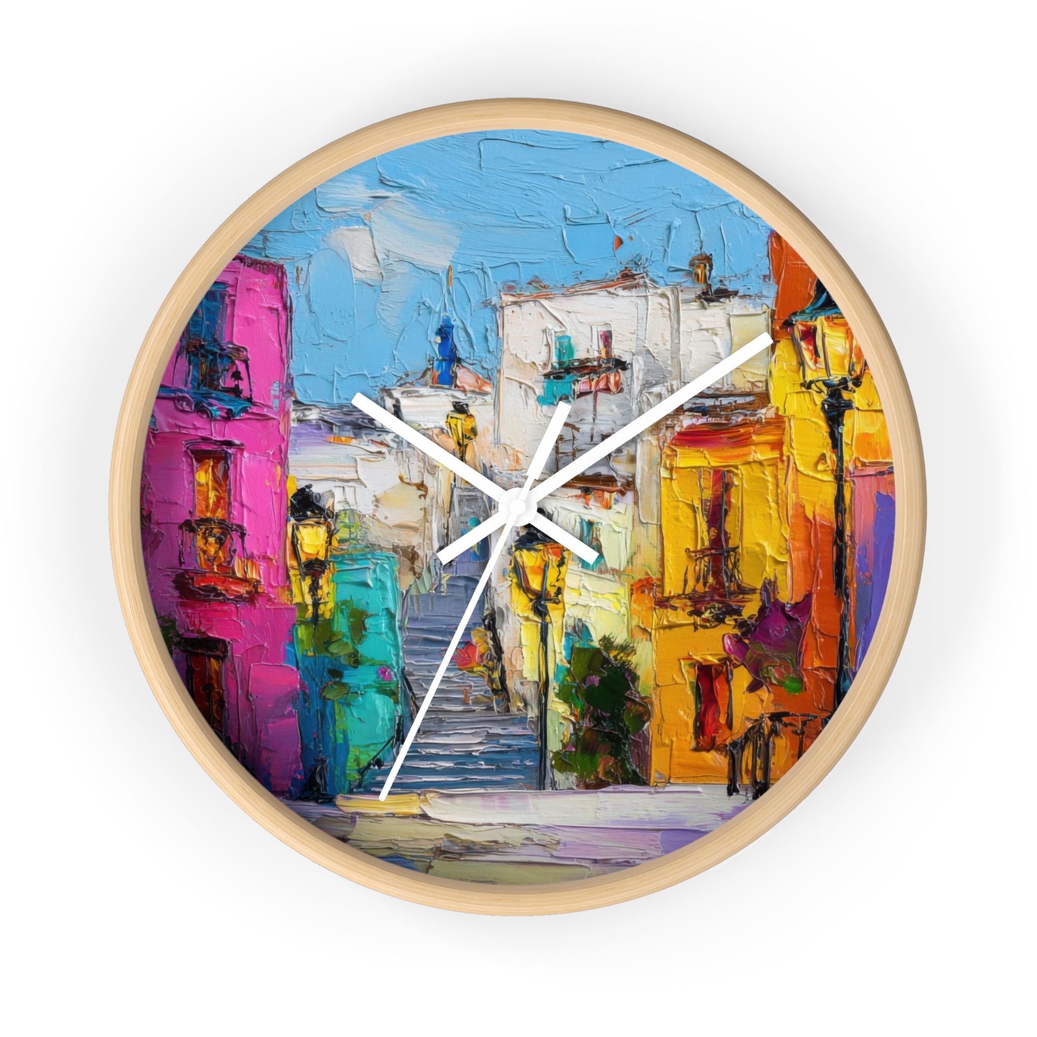colorful mediterranean street wall clock — vibrant village painting timepiece colorful mediterranean street wall clock — vibrant village painting timepiece