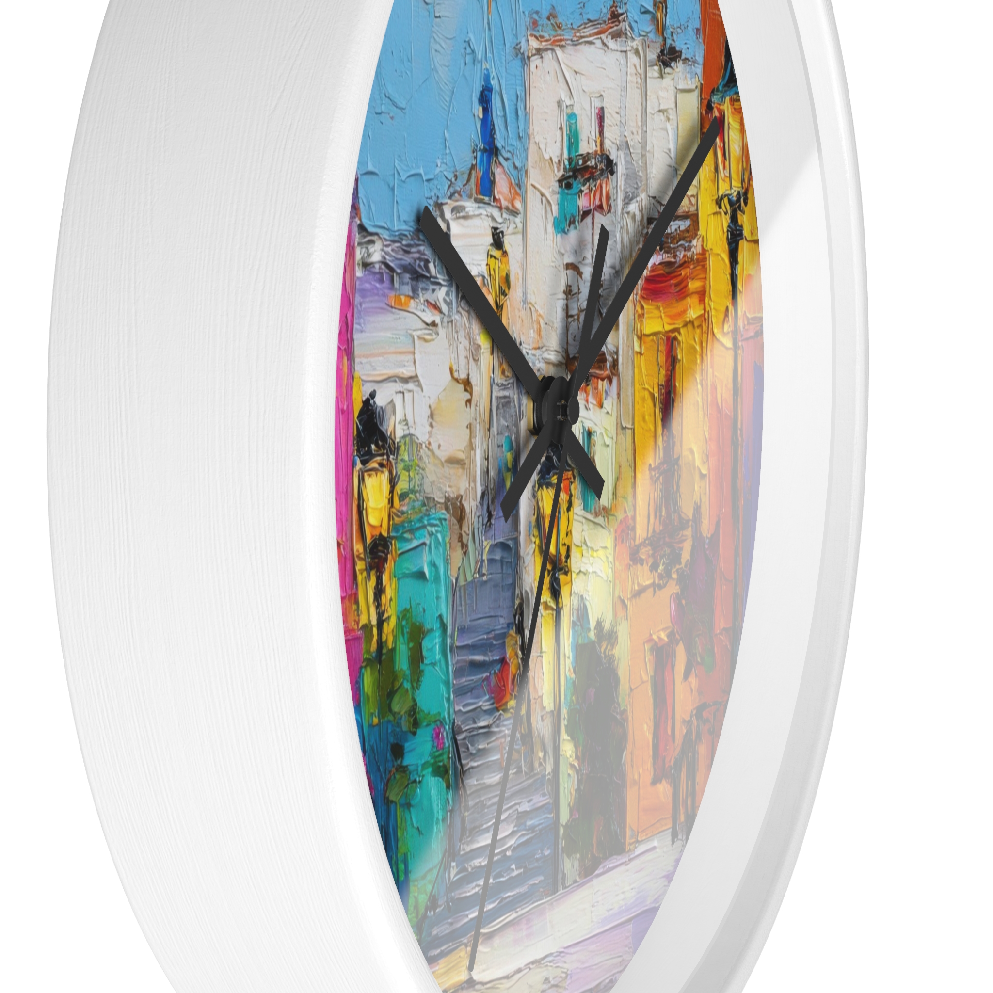 colorful mediterranean street wall clock — vibrant village painting timepiece colorful mediterranean street wall clock — vibrant village painting timepiece