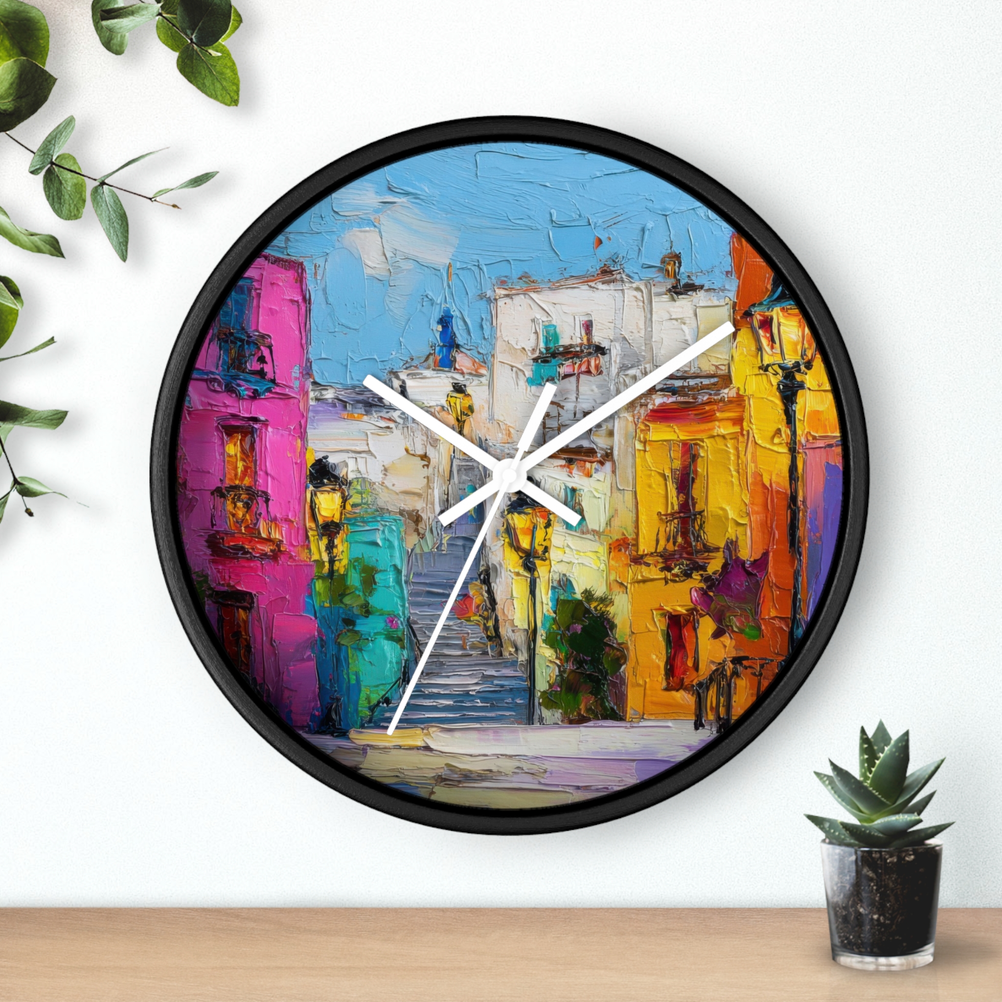 colorful mediterranean street wall clock — vibrant village painting timepiece colorful mediterranean street wall clock — vibrant village painting timepiece